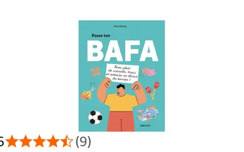 Illustration d'une couverture de livre "Passe ton BAFA" avec un personnage tenant une pancarte et des icônes d'activités.