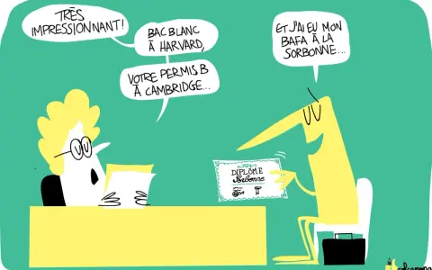 Dessin humoristique : un candidat présente un diplôme de la Sorbonne, tandis qu'un recruteur lit des qualifications impressionnantes.