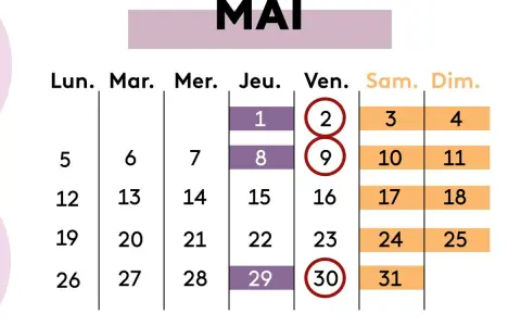 Calendrier du mois de mai. Les dates du 2, 9 et 30 sont entourées, peut-être pour marquer des jours de vacances scolaires en Europe.