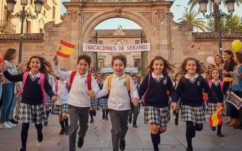 Des écoliers joyeux courent sous des confettis devant une arche ornée d'une banderole "¡VACACIONES DE SERANO!".