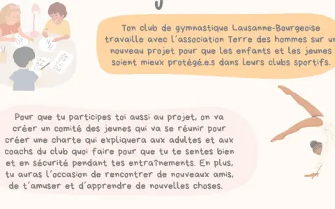 Dessin d'enfants apprenant et d'une gymnaste en action.