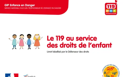 Dessin d'enfants de différentes origines se tenant la main, avec le numéro 119 et le texte "Le 119 au service des droits de l'enfant".