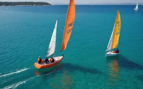 Deux voiliers naviguent sur une mer turquoise, l'un avec une voile orange, l'autre jaune.