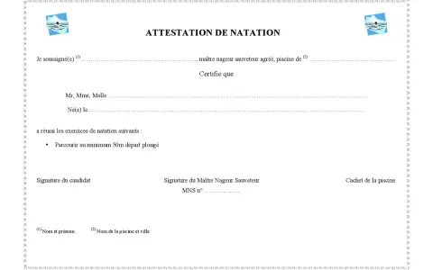 Attestation de natation avec logo, champ pour nom, date de naissance et exercice réussi.