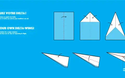 Illustration montrant les étapes de pliage d'un avion en papier, avec un avion terminé.