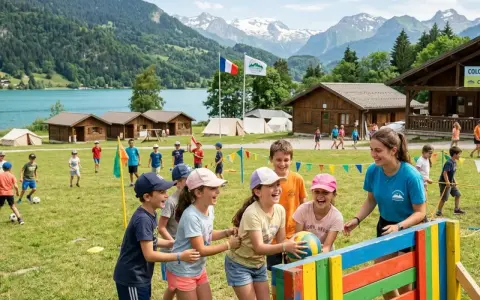 Animation colonie de vacances : des enfants rient en jouant avec un ballon, une monitrice les supervise. Paysage de montagne et lac en arrière-plan.