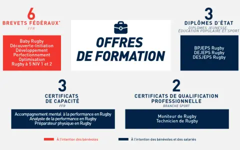 Schéma des offres de formation rugby : brevets fédéraux, diplômes d'État, certificats de capacité et de qualification.