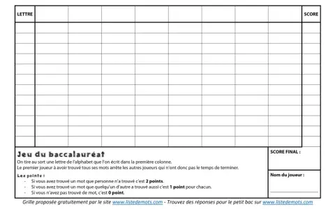 Grille de jeu "Jeu du baccalauréat" avec des colonnes pour les lettres et les scores. Un petit bac est suggéré pour le jeu.