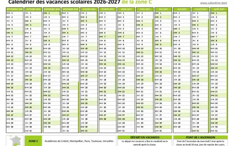 Calendrier des vacances scolaires 2026-2027 pour la zone C. Idéal pour planifier vos vacances scolaires en Haute-Garonne.
