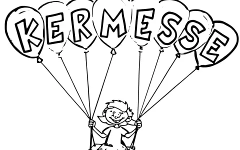 Dessin d'une joyeuse enfant sur une balançoire, portée par des ballons formant le mot "KERMESSE".