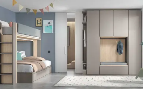 Lit superposé moderne avec rangements intégrés dans une chambre d'enfant lumineuse.