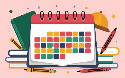 Un calendrier scolaire coloré avec des livres, des crayons et un chapeau.