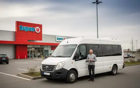 Un homme pose à côté d'un minibus 9 places permis B, devant un Super U.
