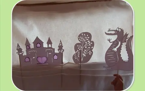 Théâtre d'ombres : château, arbre et dragon en papier, manipulés par une main.