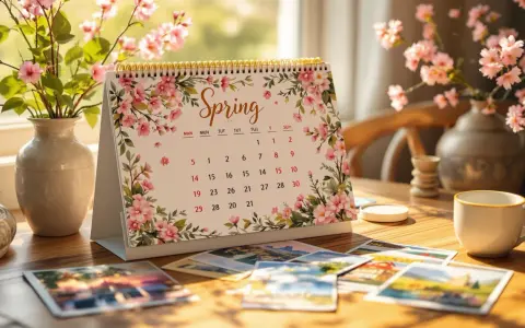 Calendrier de printemps décoré de fleurs roses, avec des photos et une tasse de café.