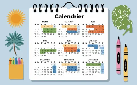 Calendrier coloré avec des crayons, un soleil et un palmier, parfait pour planifier les vacances scolaires à Amsterdam.