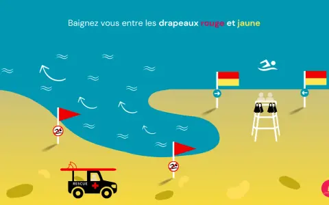 Plage surveillée avec drapeaux rouge et jaune. Un diplôme SB pour les sauveteurs.