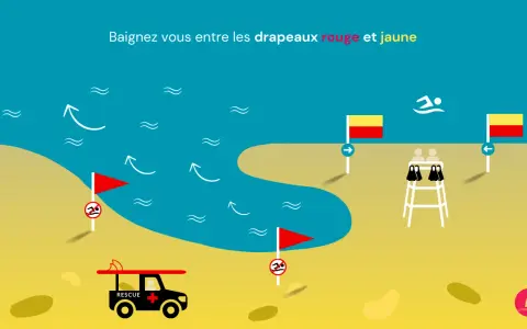 Plage avec une voiture de secours, des drapeaux rouge et jaune indiquant la zone de baignade surveillée, et des vagues.