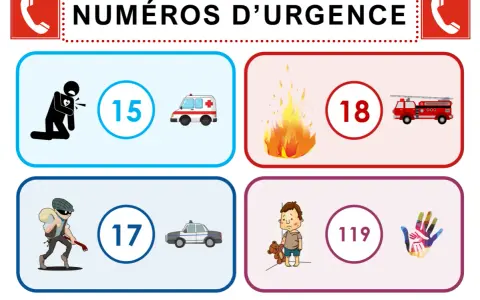 Affichage des numéros d'urgence : 15 pour les secours médicaux, 18 pour les pompiers, 17 pour la police et 119 pour les enfants en détresse.