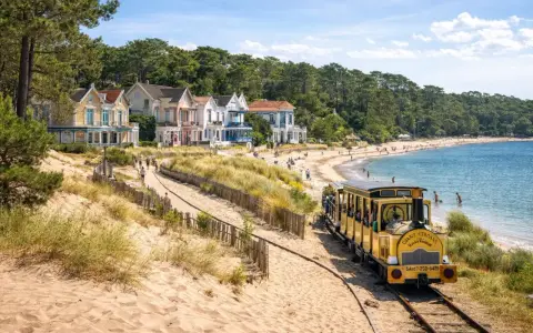 Petit train jaune longeant une plage de sable bordée de maisons colorées et d'une forêt.