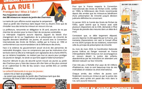 Mineurs isolés à la rue à Lyon, sans solution de mise à l'abri. Appel à la protection et à la fin des expulsions, dans le respect de la réglementation sur le séjour de vacances.