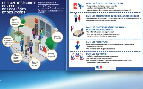 Illustration d'un plan de sécurité scolaire avec des points d'entrée, des contrôles et des consignes.