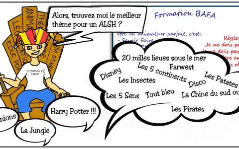 Dessin d'un animateur sur un trône, entouré de bulles de thèmes pour ALSH et de règles de vie.