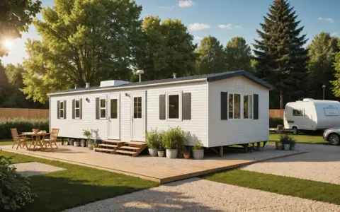 Maison mobile blanche avec terrasse en bois, table et chaises, dans un camping verdoyant.