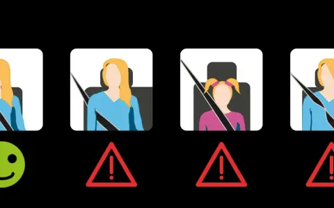 Illustration de personnes en voiture avec ceintures de sécurité : une femme bien attachée (sourire vert), une enfant mal attachée et deux femmes mal attachées (triangles rouges).