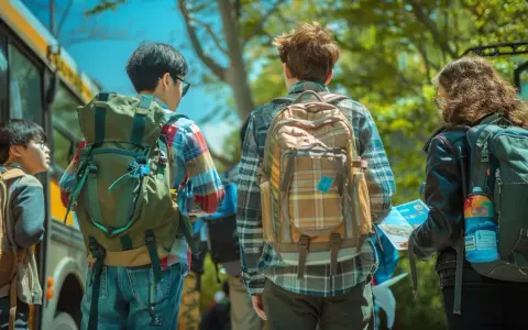 Trois jeunes avec des sacs à dos près d'un bus, prêts pour leur voyage scolaire. L'aide financière pour voyage scolaire rend ces aventures possibles.