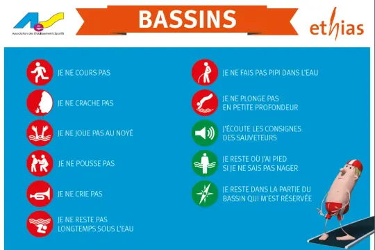 Affiche illustrant les règles de sécurité piscine réglementation : ne pas courir, ne pas cracher, ne pas pousser, ne pas crier, ne pas faire pipi, ne pas plonger en petite profondeur, écouter les consignes, rester où l'on a pied, rester dans sa zone.