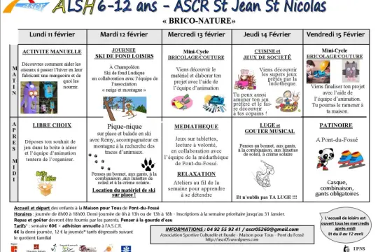Programme d'activités pour un centre de loisirs : bricolage, ski, jeux, patinoire. Thème "Brico-Nature".