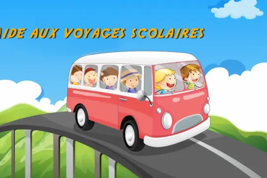 Des enfants joyeux dans un bus rouge, sur la route des vacances. Une aide financière pour voyage scolaire rend ces moments possibles.