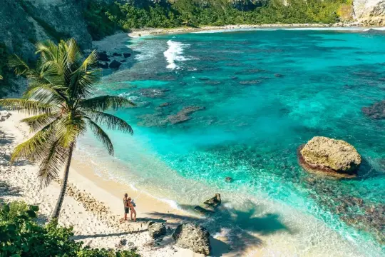 Un couple profite d'un voyage au bord de la mer sur une plage de sable blanc, sous un palmier, avec une eau turquoise cristalline.