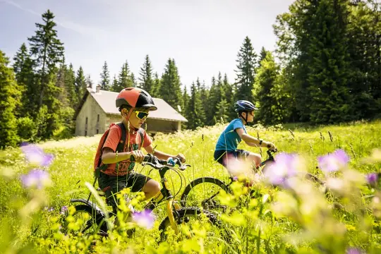 Deux enfants font du vélo dans un champ fleuri, une maisonnette en arrière-plan. Une belle journée pour une colonie de vacances Rhône Alpes.