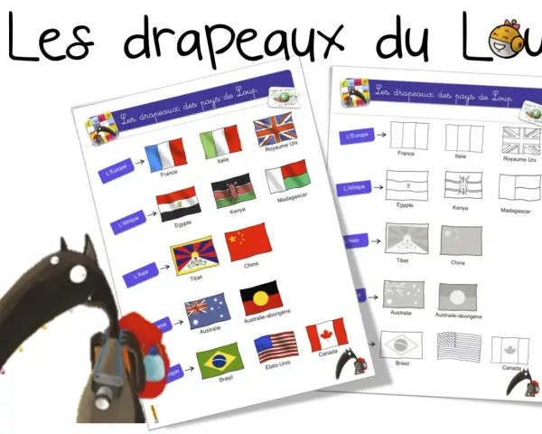 Un loup avec un sac à dos regarde des feuilles avec des drapeaux de pays et des versions à colorier.