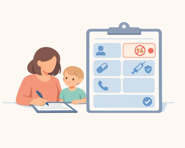 Une femme et un enfant remplissent un formulaire médical avec des icônes de santé.