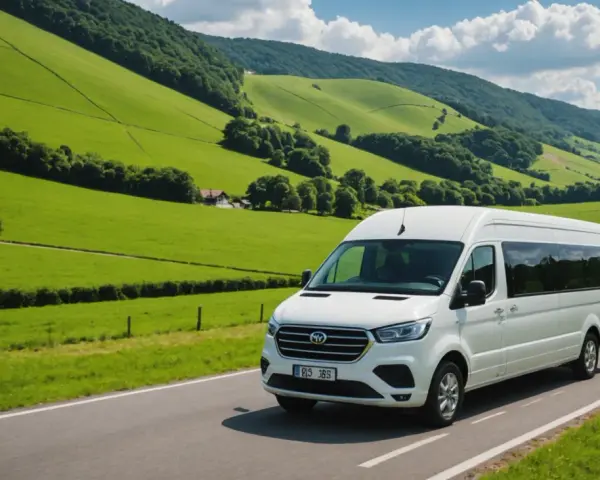 Minibus blanc sur une route de campagne verdoyante, avec des collines en arrière-plan.
