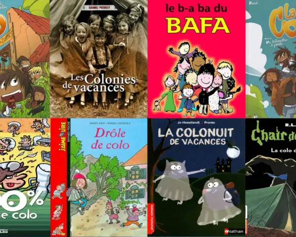 Bandes dessinées et livres pour enfants sur le thème des colonies de vacances, avec des illustrations variées allant de l'humour à l'effroi.