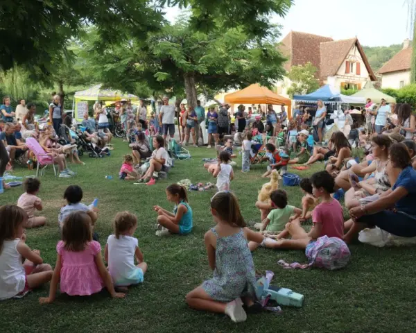 Une foule joyeuse, petits et grands, profite d'une fête de village. Une belle idée animation fête de village, avec des stands et des gens assis sur l'herbe.