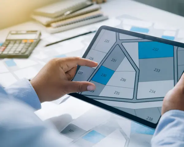 Main tenant examine un plan sur tablette, calculatrice et documents à proximité. Un contrat CEE avis est en cours de validation.