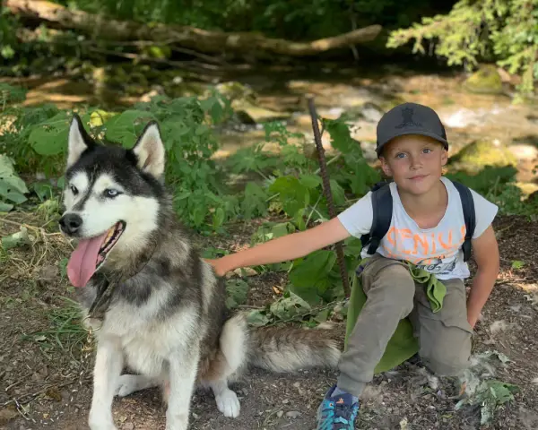 Un garçon et son husky profitent d'une aventure en pleine nature, un souvenir de leur colonie de vacances à l'étranger.