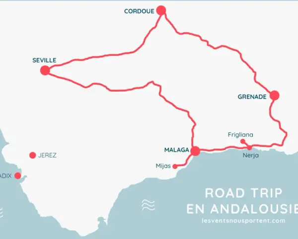 Carte d'un road trip en Andalousie avec les villes de Séville, Cordoue, Grenade, Malaga et Cadix.