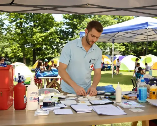 Un homme en polo bleu prépare du matériel médical sur une table, avec des tentes et des enfants en arrière-plan.
