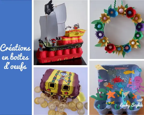 Collage de créations pour enfants en boîtes d'œufs : bateau pirate, couronne de fleurs, coffre au trésor et monde marin.