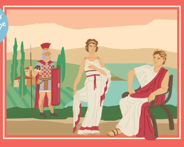 Illustration de la Rome antique avec un soldat, une femme et un homme assis.