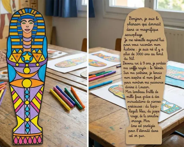 Sarcophage égyptien coloré et texte sur papyrus, sur une table avec des feutres.