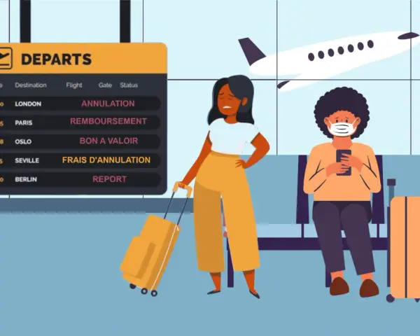 Attente à l'aéroport pour un remboursement de voyage scolaire suite à une maladie. L'avion est visible.