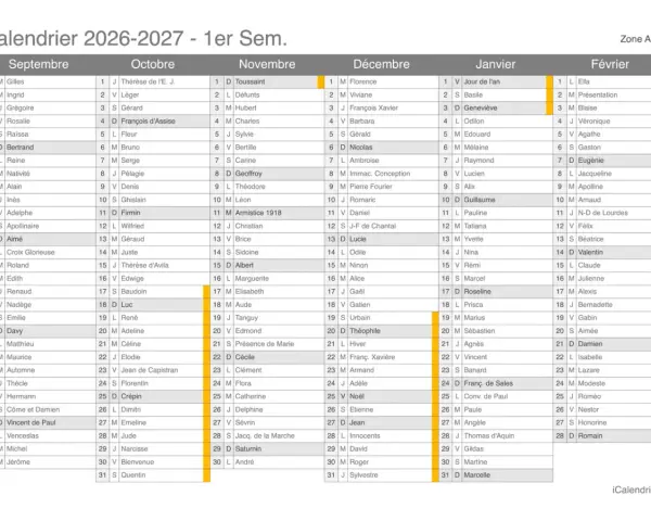 Calendrier 2026-2027 avec les mois de Septembre à Février et des noms.