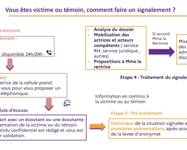 Ce schéma explique comment faire un signalement : étapes, contact, traitement.